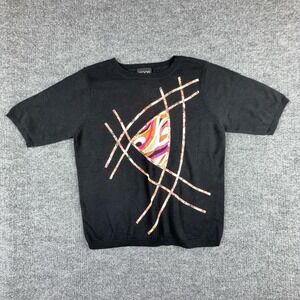 Koos Of Course! Sweater Womens Medium Black Abstract Silk Applique Knit Pullover